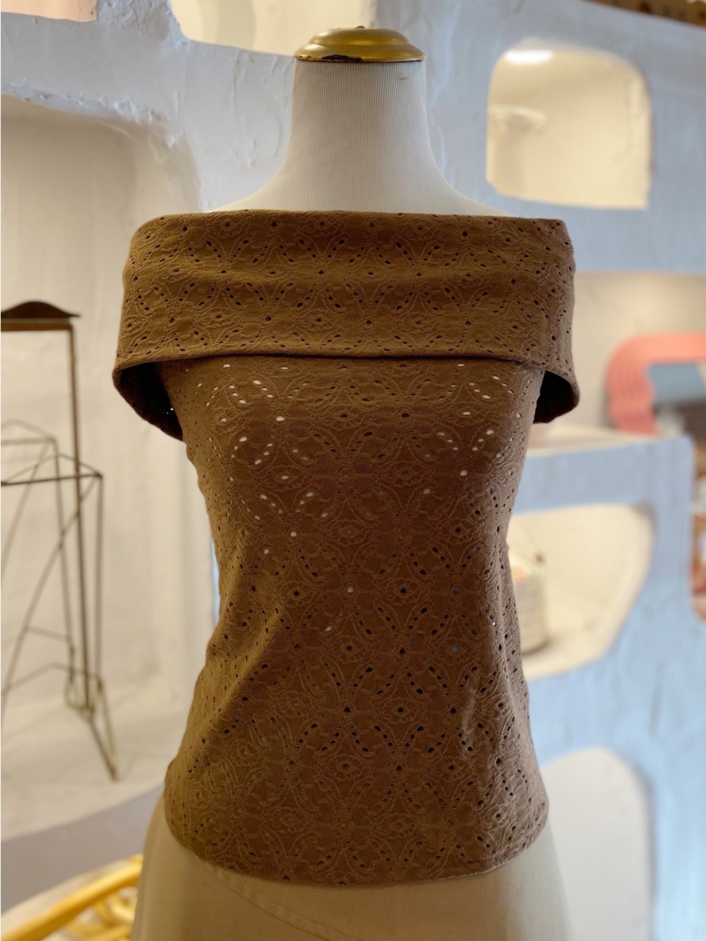 Brown Suzy Shier Off the Shoulder Eyelet Top